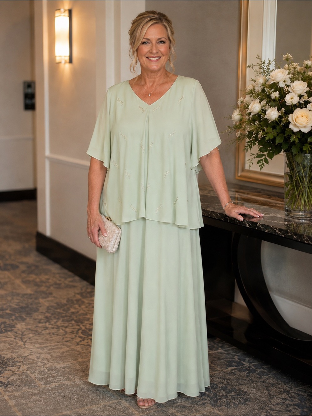 Mother Of The Bride Dress 32W Sage Embellished Chiffon Top Overlay Long Shift